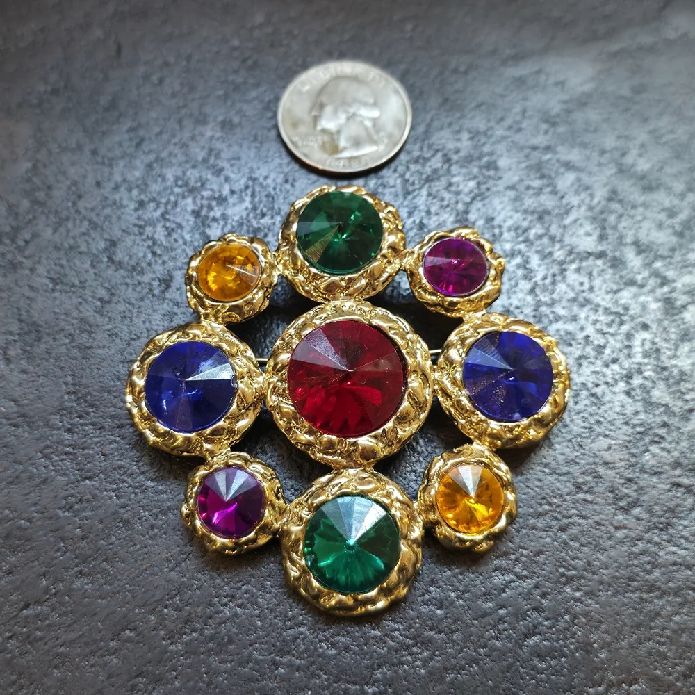 Vintage 1980s Large "Fruit Salad" Statement Brooch - Gold Tone & Multi-Color - Picture 4 of 4